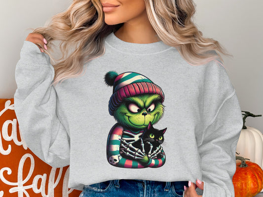 Festive Grinch Cat Printed Sweater for Halloween product type