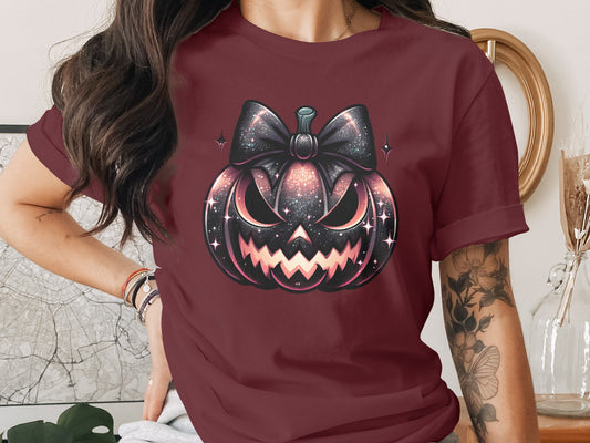 Sparkling Spooky Bow Pumpkin Graphic Tee Shirt product