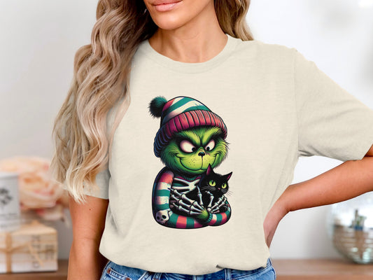 Grinch Holding Black Cat Graphic Tee Shirt product