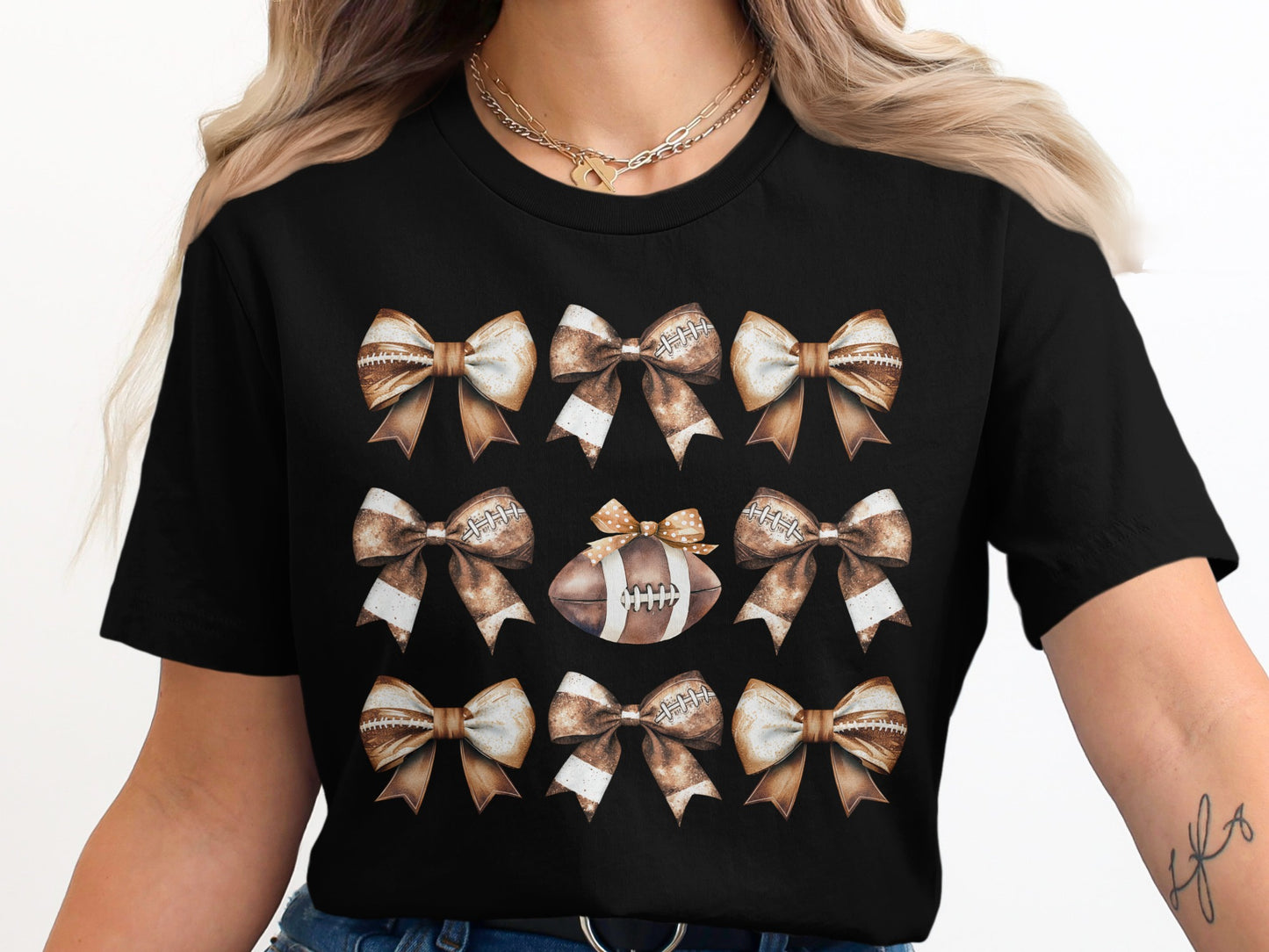 Stylish Bows and Footballs Design Black Shirt product type