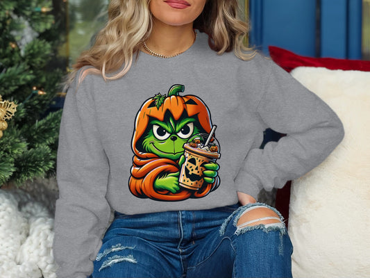 Festive Halloween Grinch in Pumpkin Hoodie Sweatshirt Product