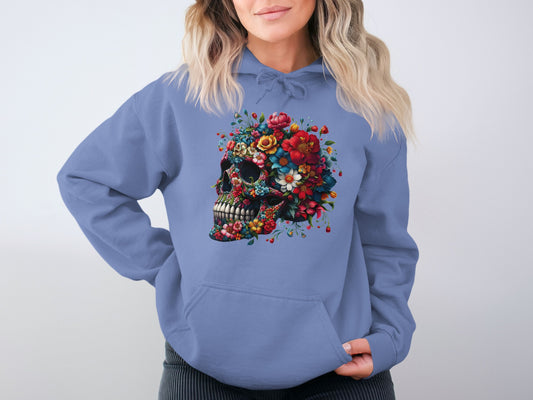 Floral Skull Design Blue Hoodie product