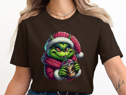Grinch Holding Drink in Santa Hat Graphic Shirt product
