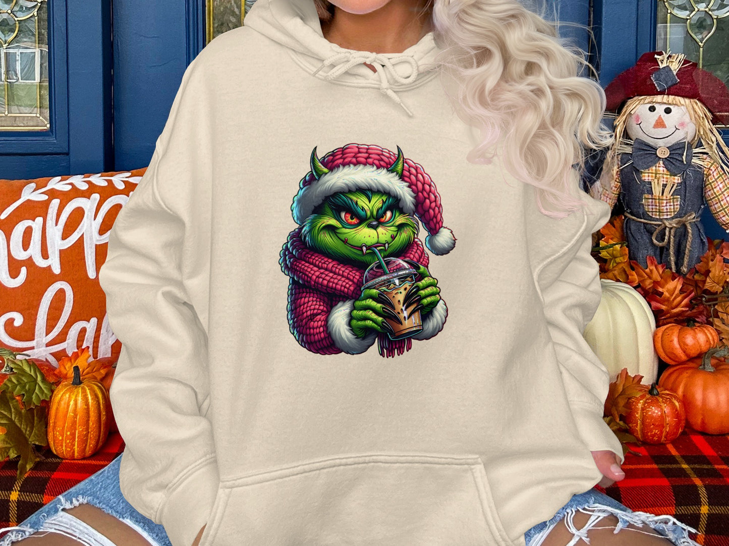 Grinch Drinking Coffee Christmas Themed Hoodie product