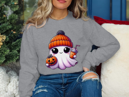 Cozy Ghost with Pumpkin and Drink Graphic Sweatshirt product