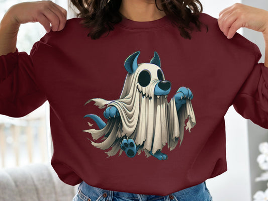 Cute Ghost Dog Illustration on Burgundy Shirt product