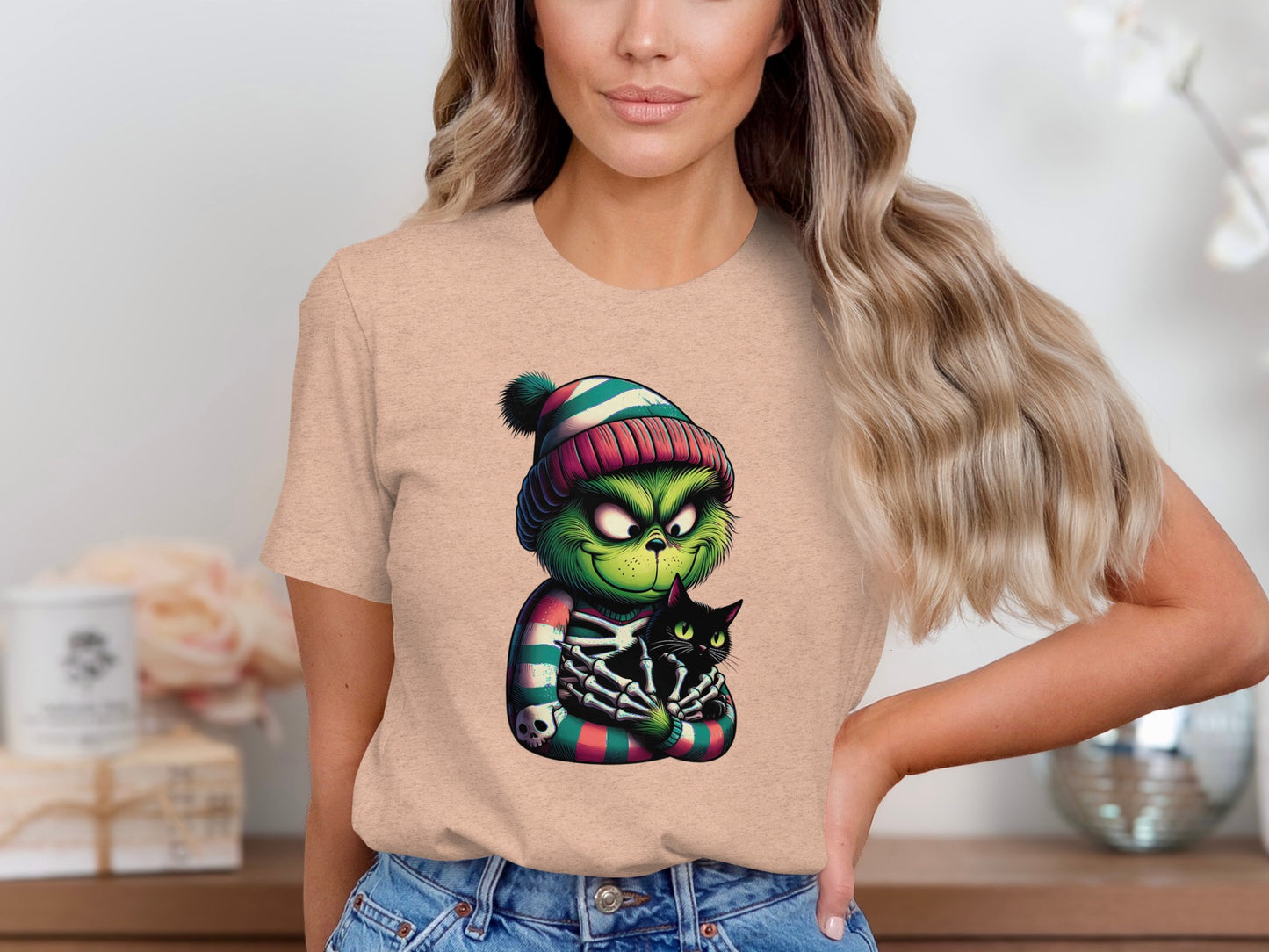 Grinch Holding Black Cat Graphic Design T-shirt product