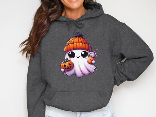 Cute Ghost with Pumpkin and Drink Hoodie product