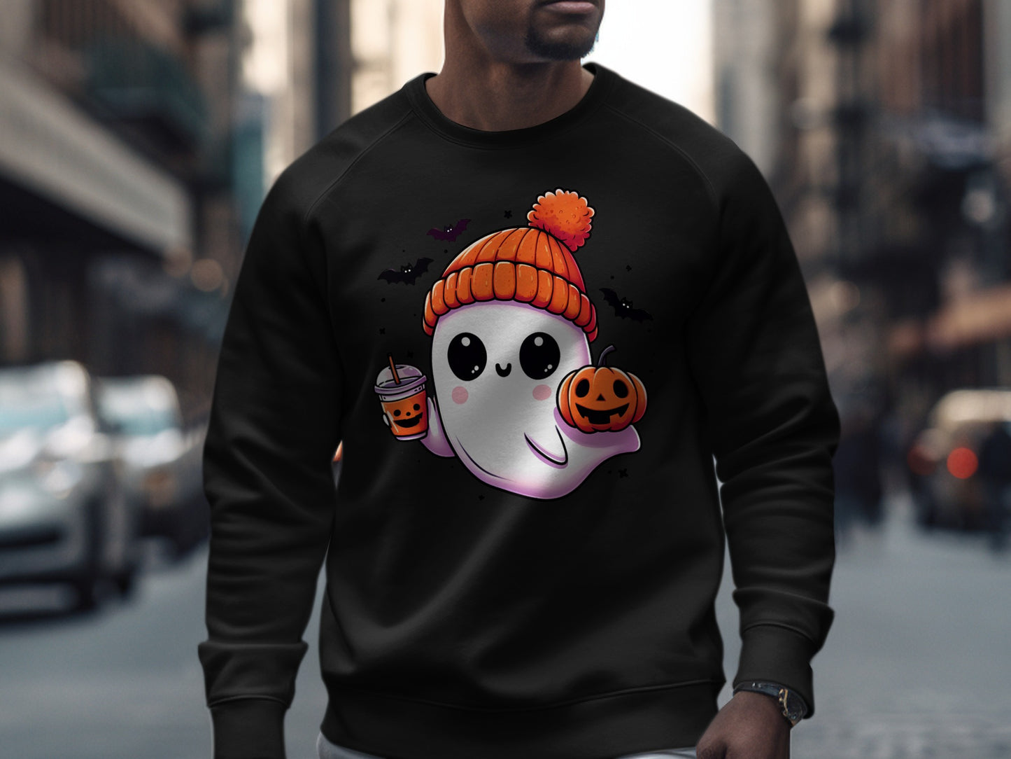 Cute Ghost Halloween Sweatshirt with Pumpkin Latte product type