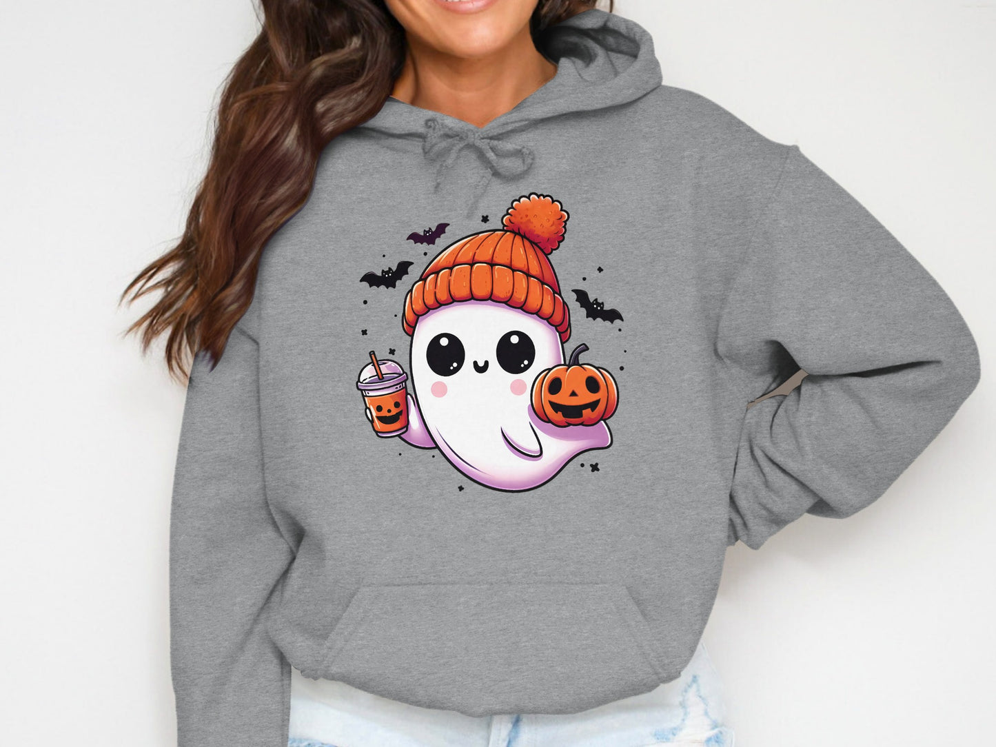 Spooky Ghost with Pumpkin and Coffee Hoodie product