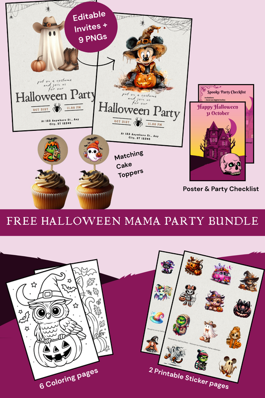 Free Halloween Printable Mama Bundle - invitation, stickers, poster, party checklist, coloring pages, cake toppers.
