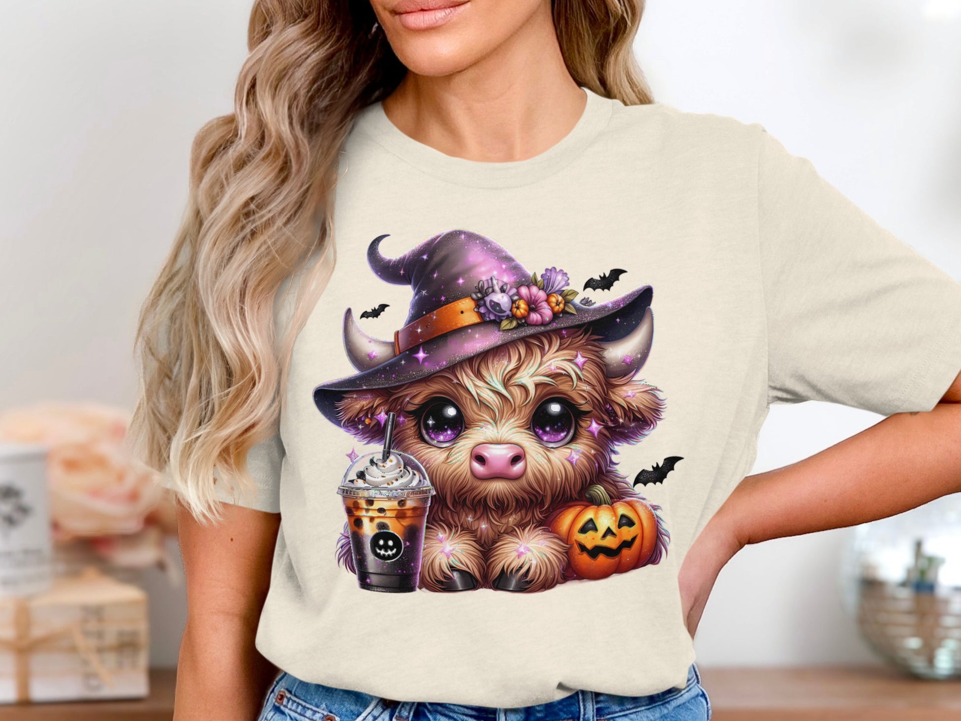 Cute Halloween Cow in Witch Hat Graphic Tee product type