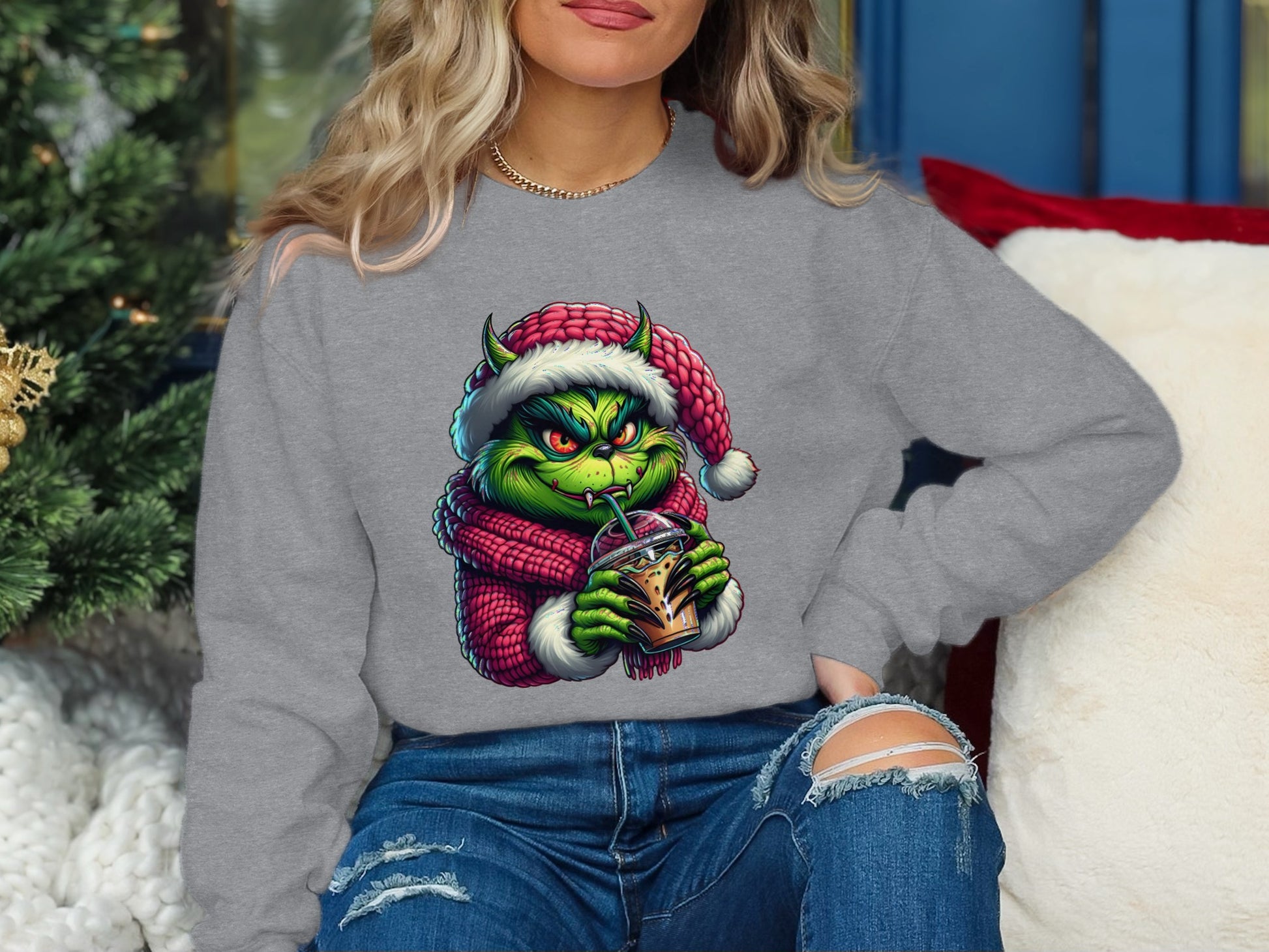 Grinch Santa with Drink Graphic Sweater product type