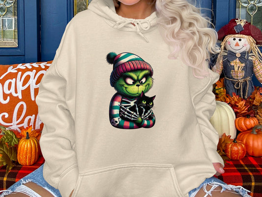 Grinch and Black Cat Hoodie features holiday vibes product type