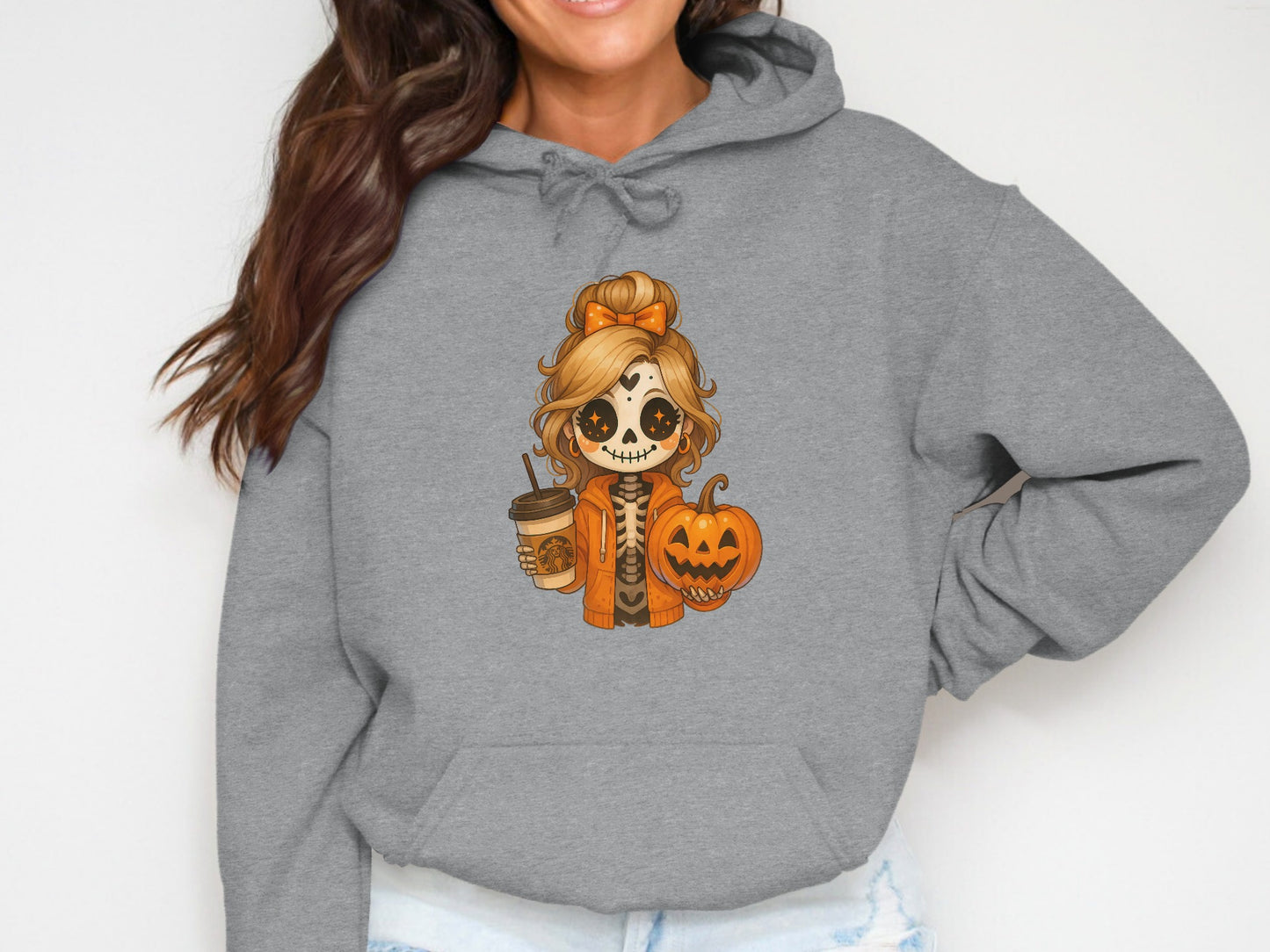 Cute Halloween Girl with Coffee and Pumpkin Hoodie product