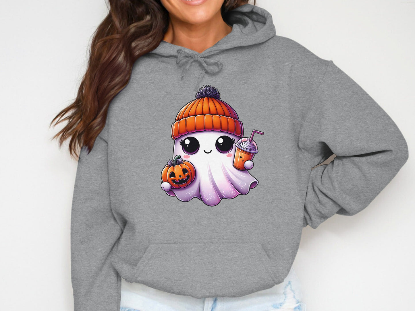 Cute Ghost Hoodie with Pumpkin and Drink design product