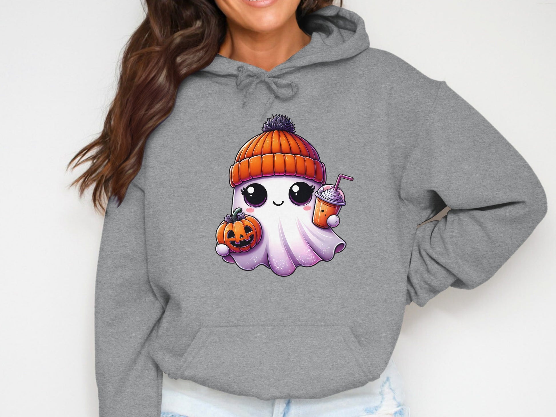 Cute Ghost Hoodie with Pumpkin and Drink design product