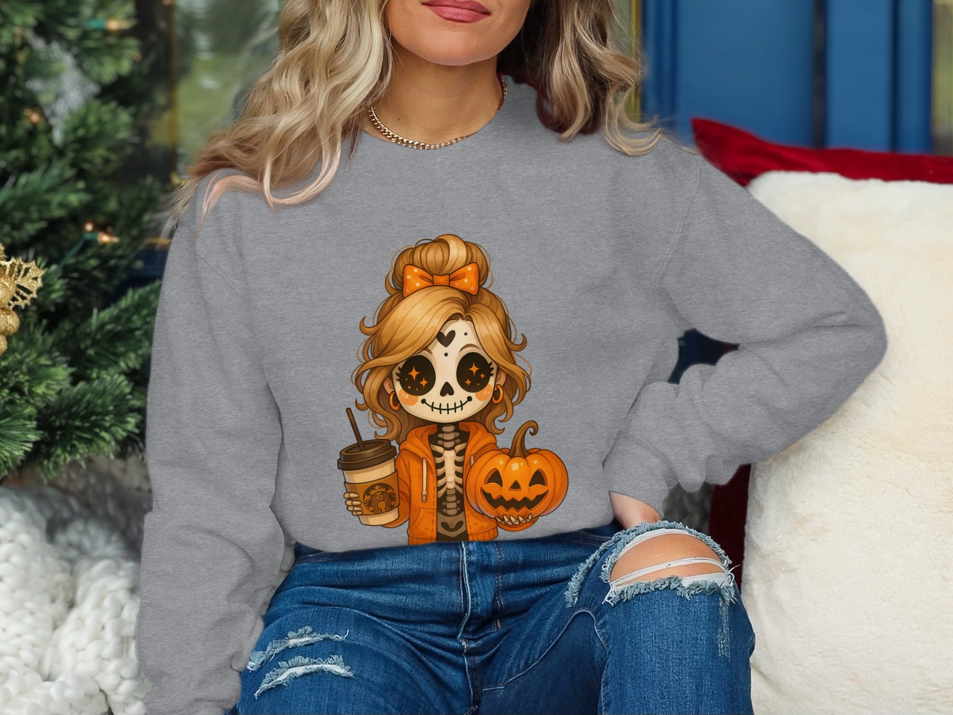 Halloween Girl with Coffee and Pumpkin Sweatshirt product