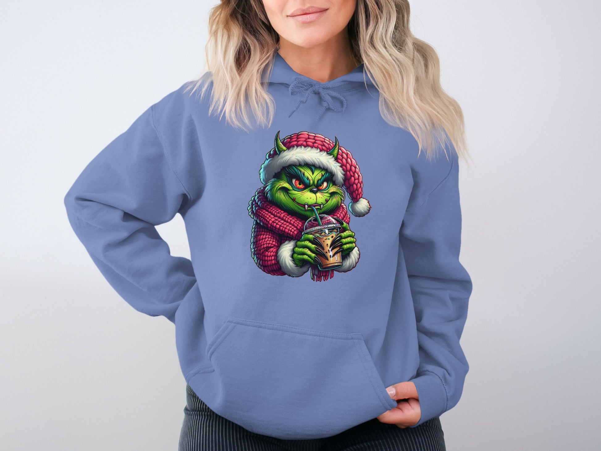 Grinch in Santa Hat with Drink Printed Hoodie product type