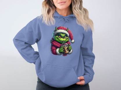 Grinch in Santa Hat with Drink Printed Hoodie product type