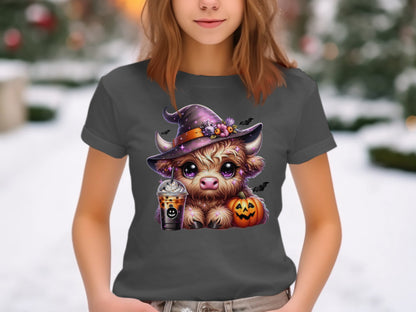 Adorable Halloween Cow T-Shirt with Cute Witch Hat product type
