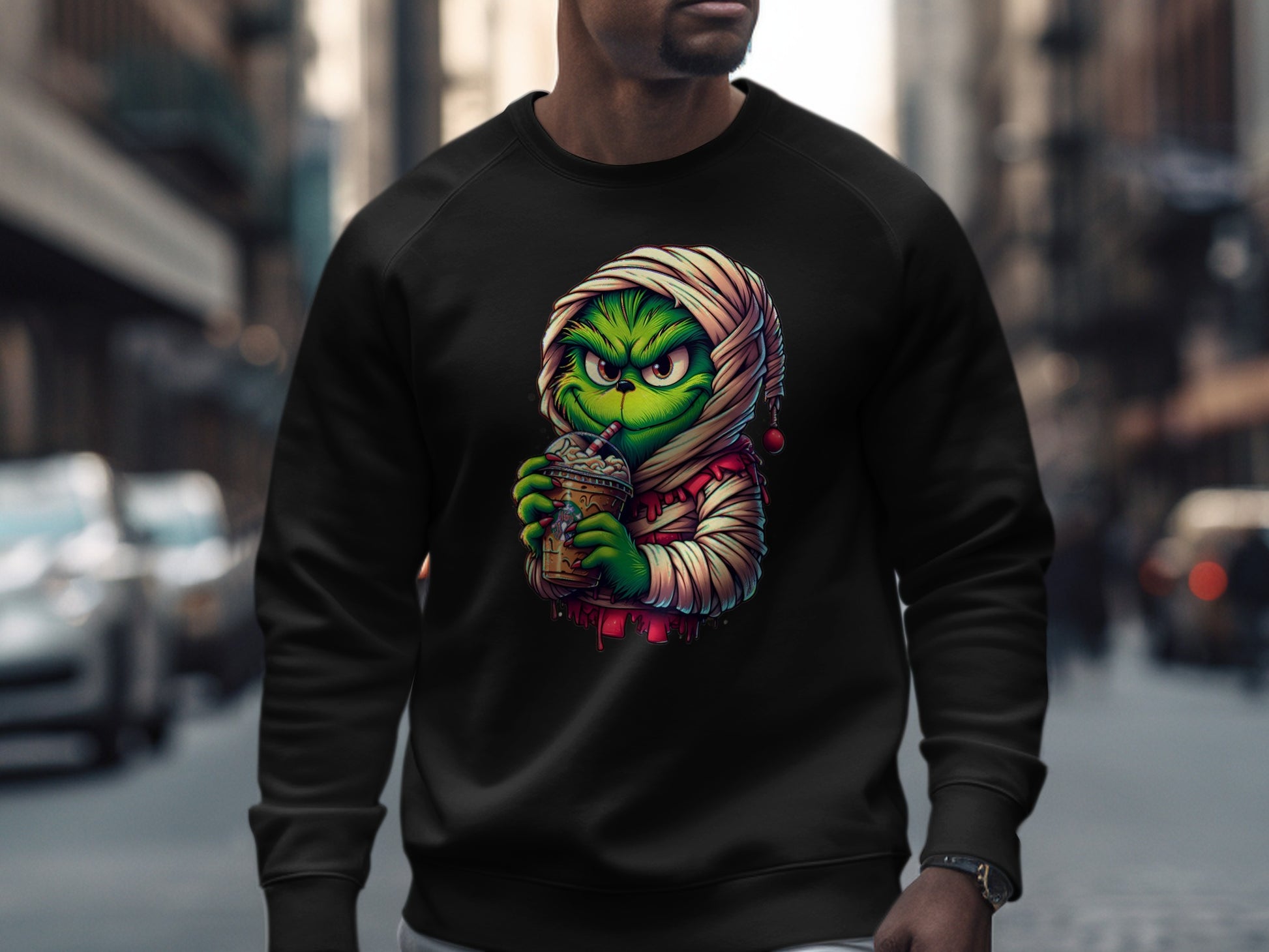 Grinch Mummy Drinking Coffee Black Long Sleeve product
