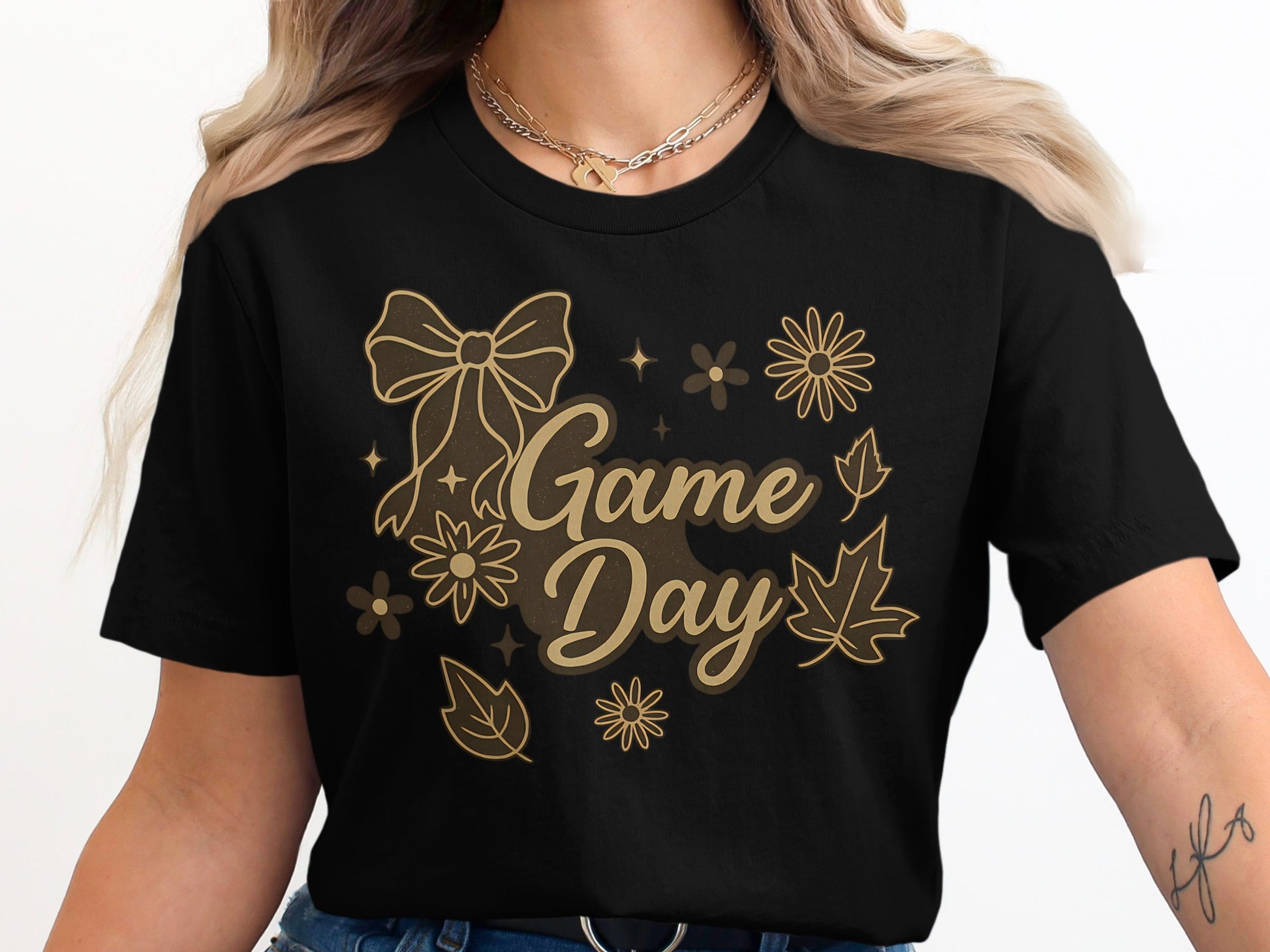 Game Day Black T-shirt Featuring Floral and Bow Design