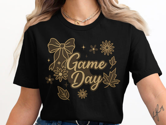 Game Day Black T-shirt Featuring Floral and Bow Design