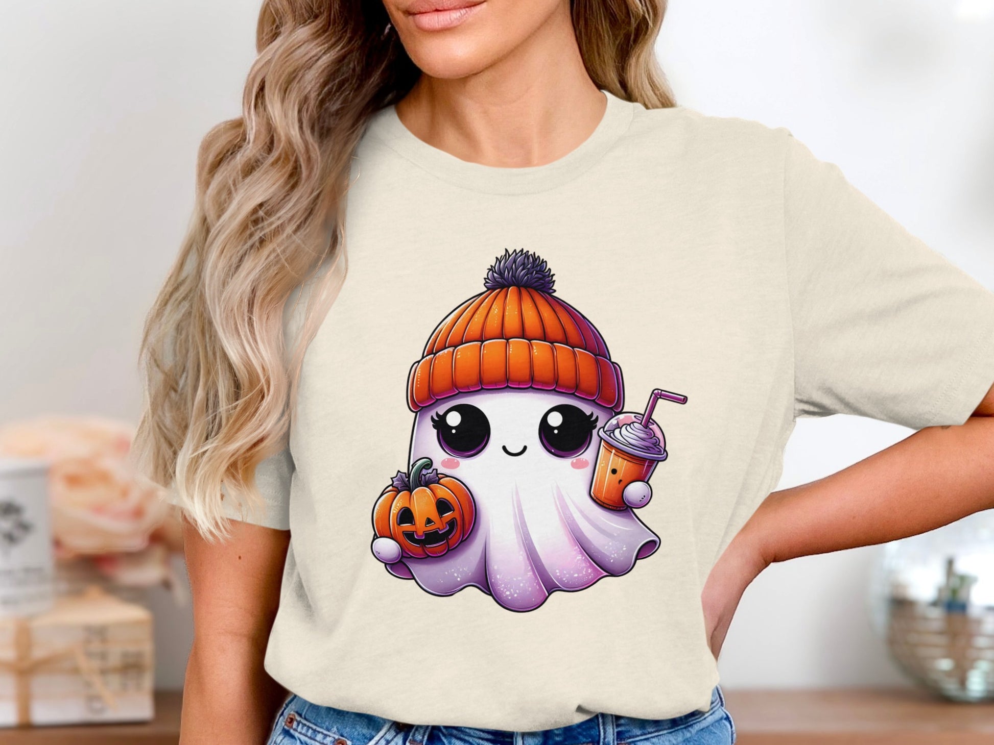 Cute Kawaii Ghost with Pumpkin Halloween Shirt product type