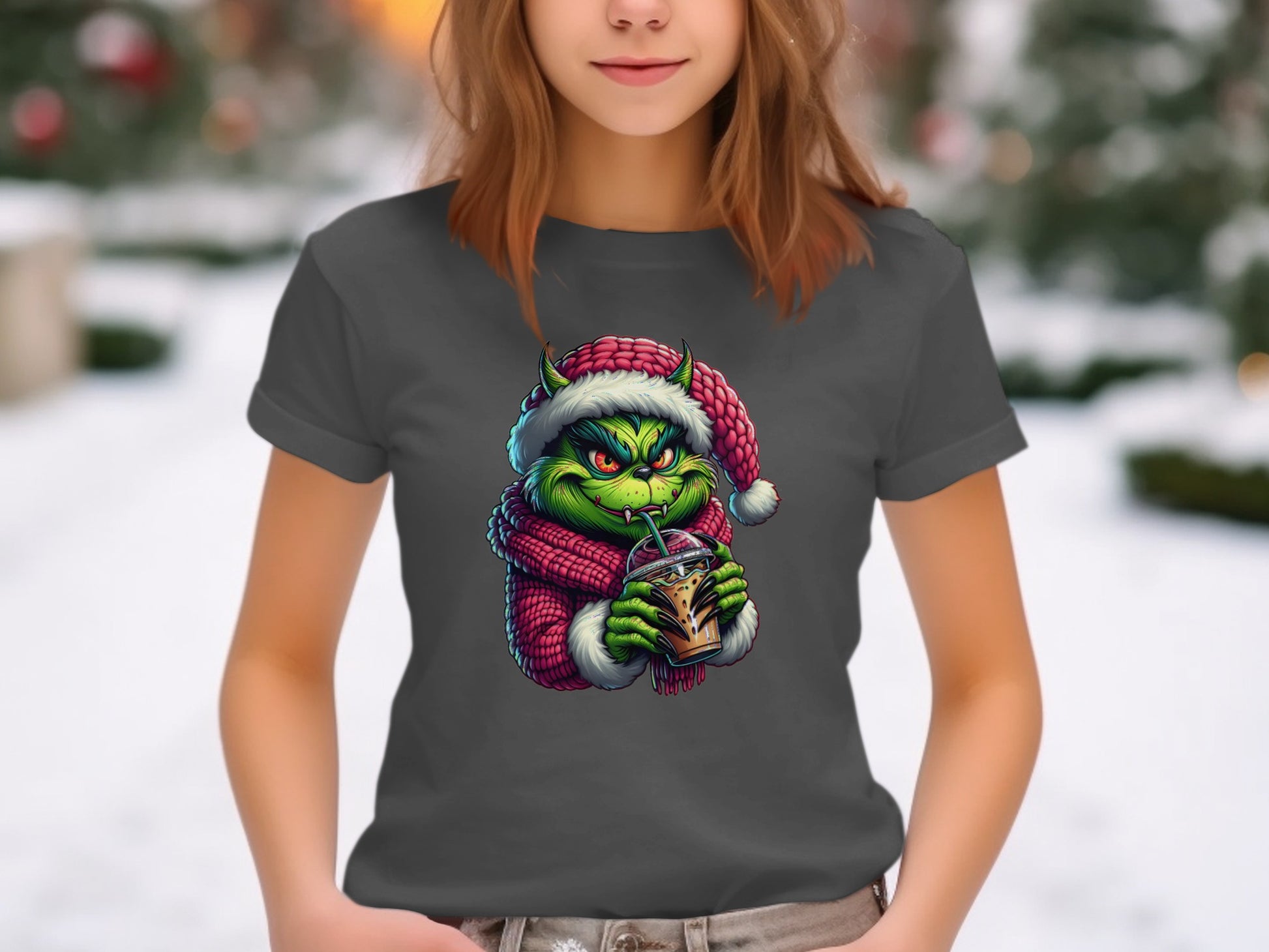 Festive Grinch Drinking Coffee Graphic Tee product type