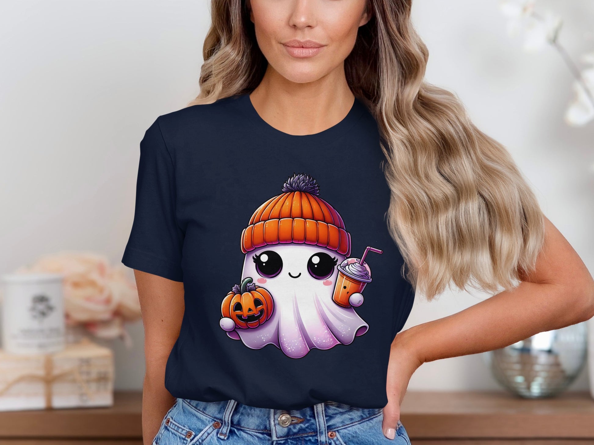 Cute Ghost Halloween Tee with Pumpkin and Drink product type