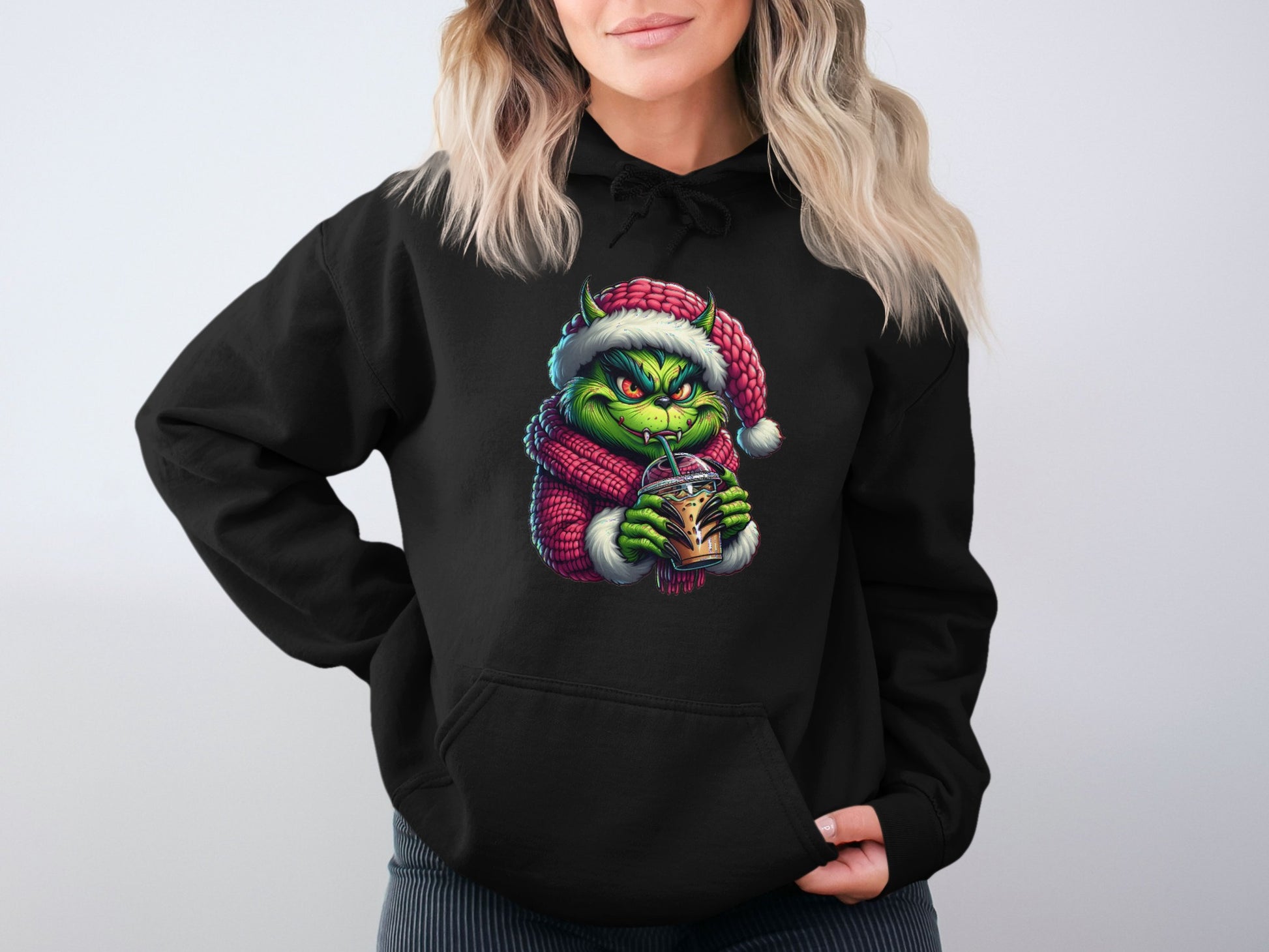 Festive Grinch Drinking Hot Cocoa Christmas Hoodie product