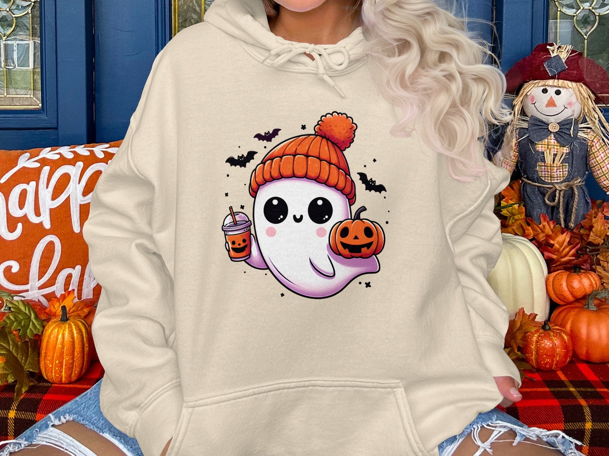 Cute Halloween Ghost with Pumpkin Graphic Hoodie product
