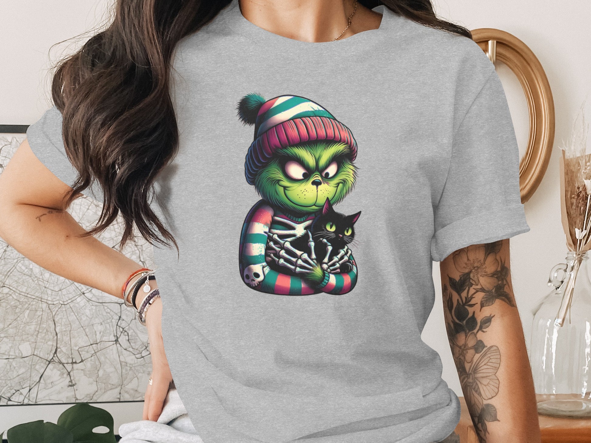 Grinch with Black Cat Striped Hat Design T-Shirt product type