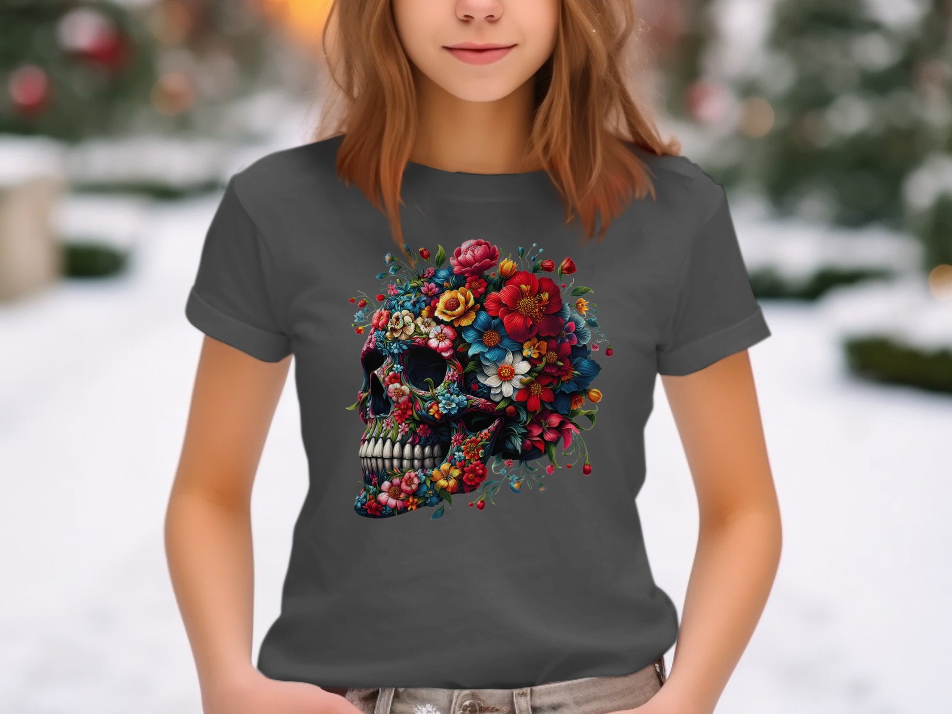 Festive Skull with Colorful Flowers T-shirt product type