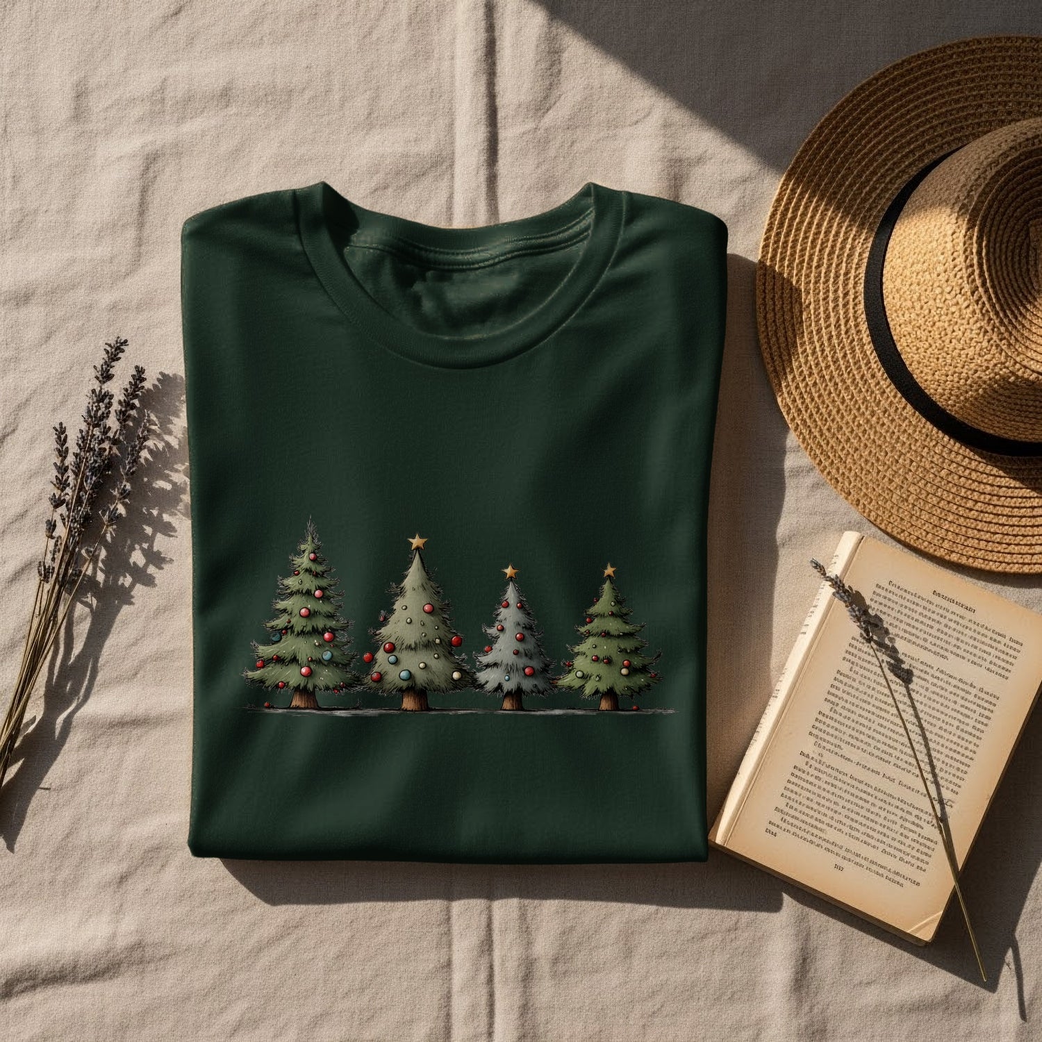 Festive Christmas Trees Graphic on Cozy Green T-Shirt