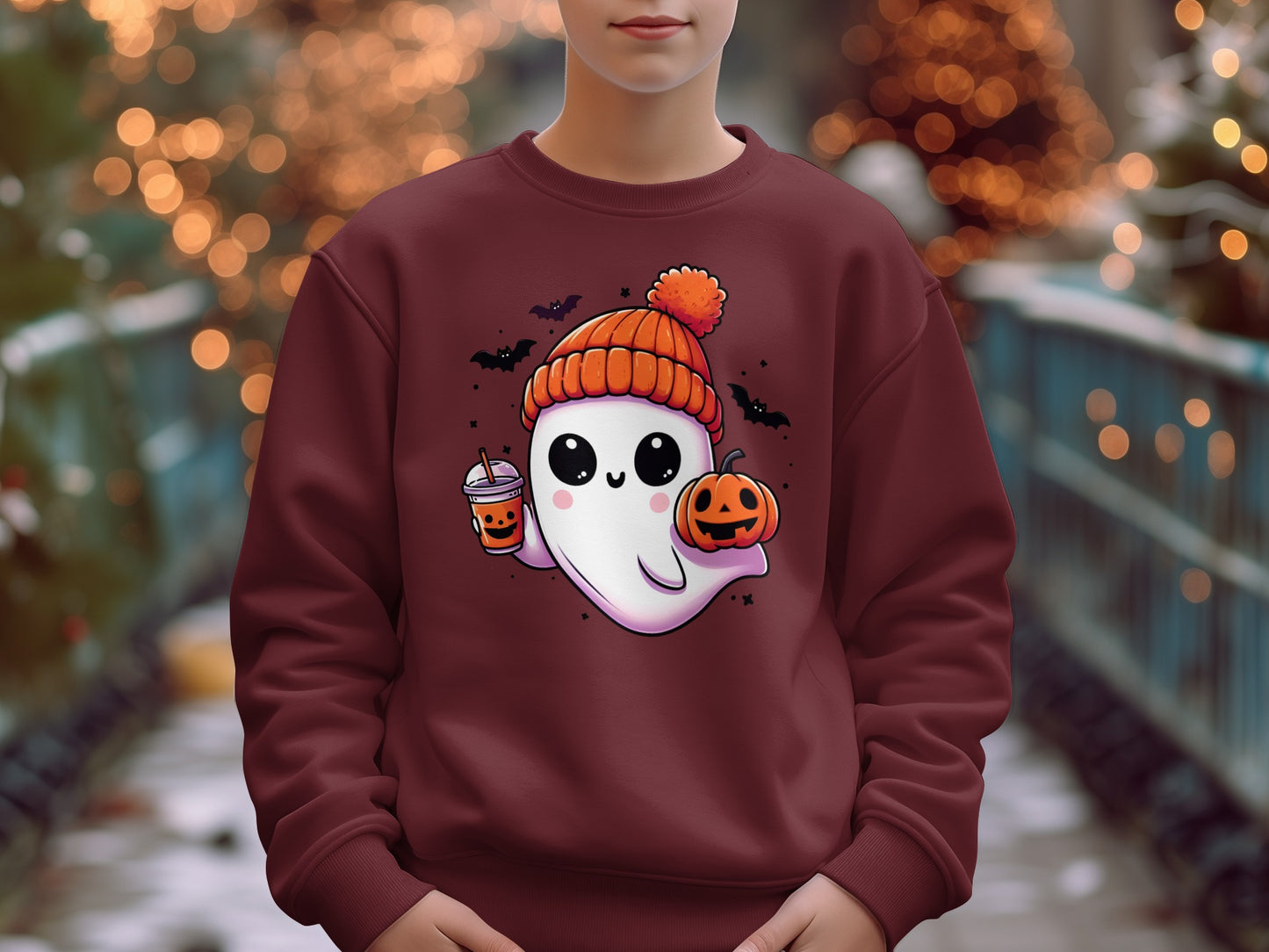 Cute Ghost with Pumpkin and Hot Drink Sweatshirt product