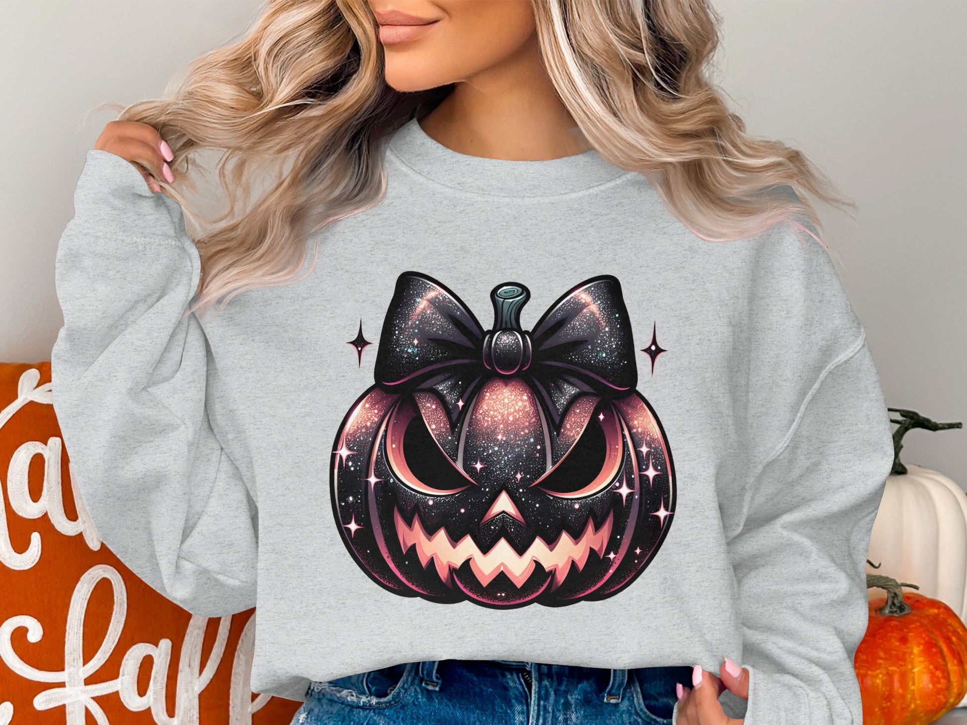 Sparkling Bow Pumpkin Face Halloween Sweatshirt product