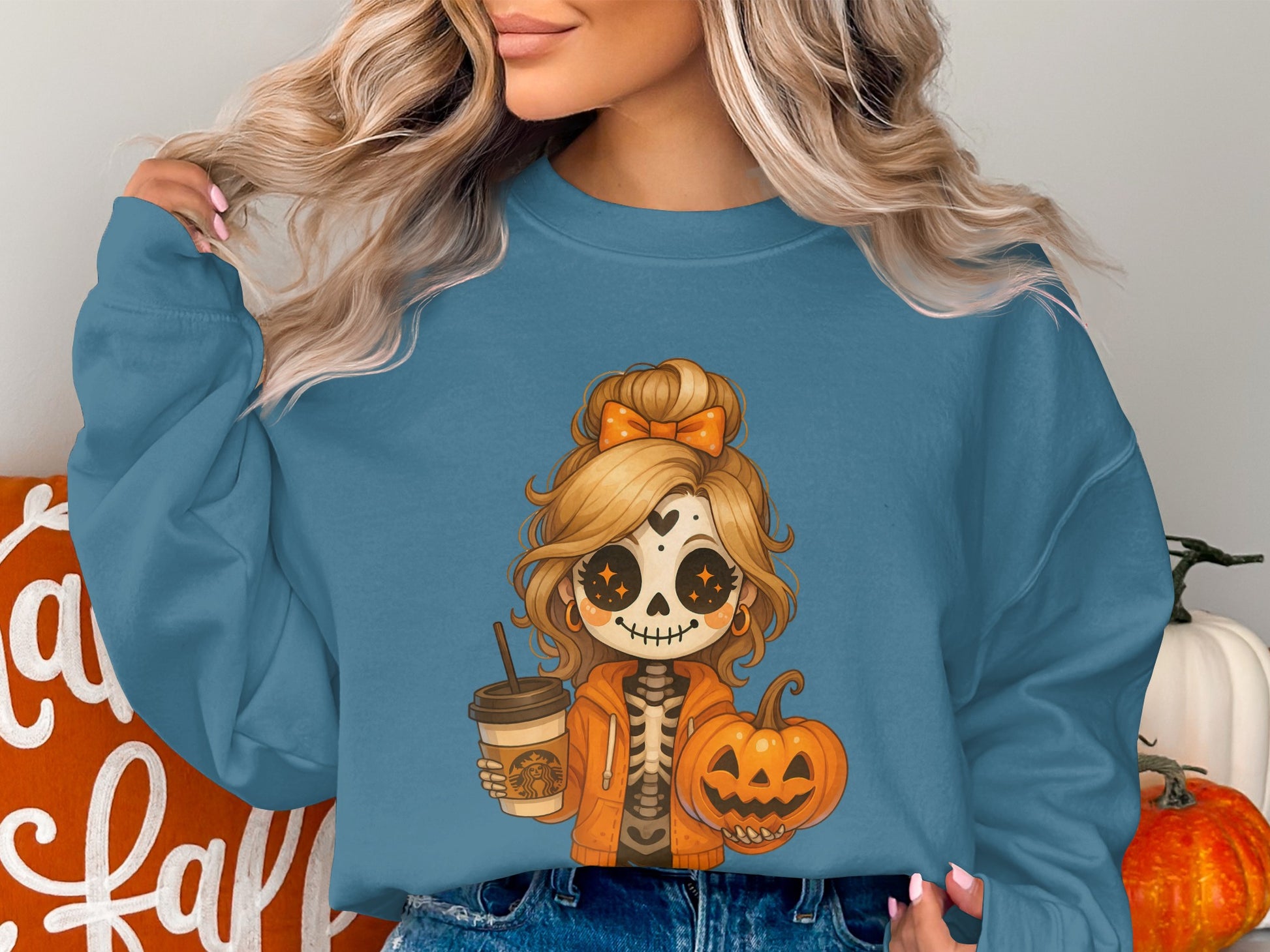 Cute Skeleton Holding Coffee Pumpkin Shirt product type