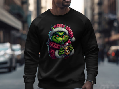 Grinch in Santa Hat Drinking Coffee Sweatshirt product