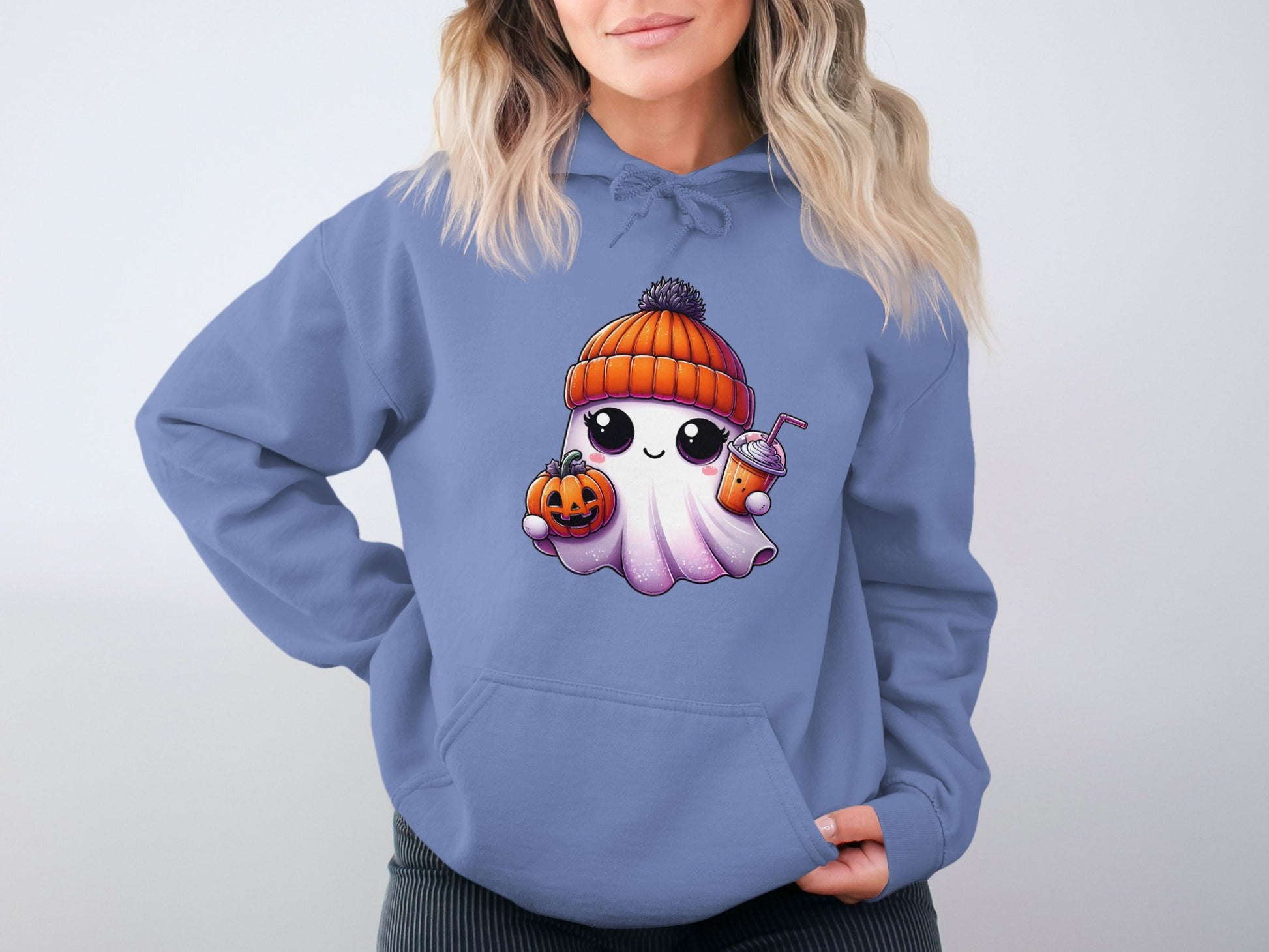 Cute Ghost Holding Pumpkin and Drink Halloween Hoodie product