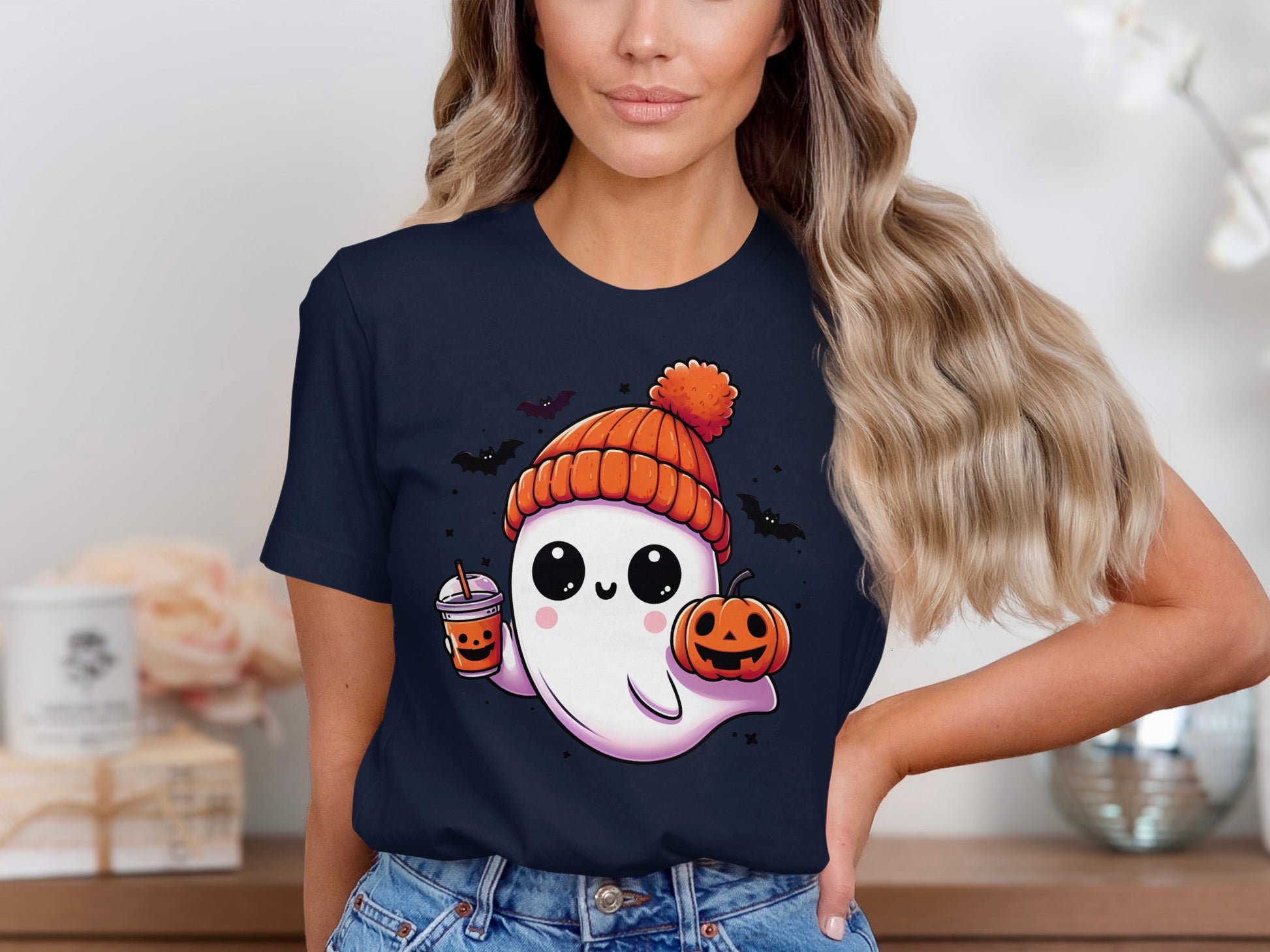 Adorable Ghost in Beanie with Pumpkin Halloween t-shirt product