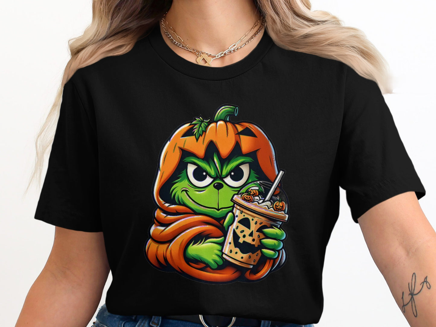 Cute Halloween Grinch Holds Bubble Tea Graphic T-shirt product type