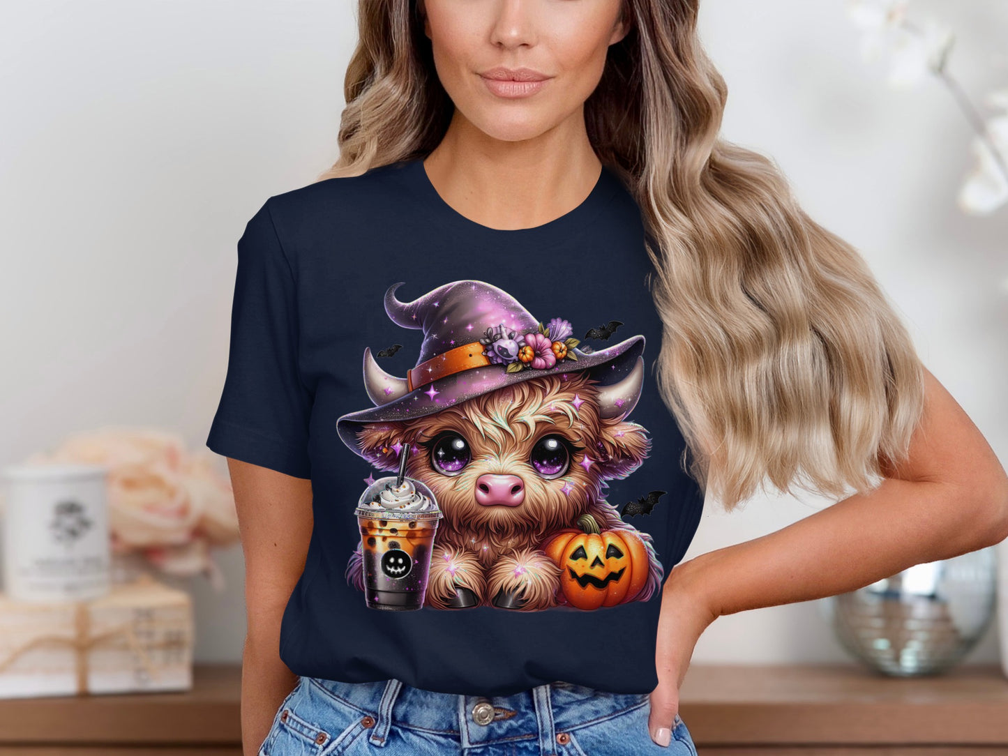 Cute Halloween Witch Cow with Pumpkin T-shirt product
