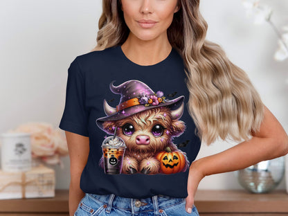 Cute Halloween Witch Cow with Pumpkin T-shirt product