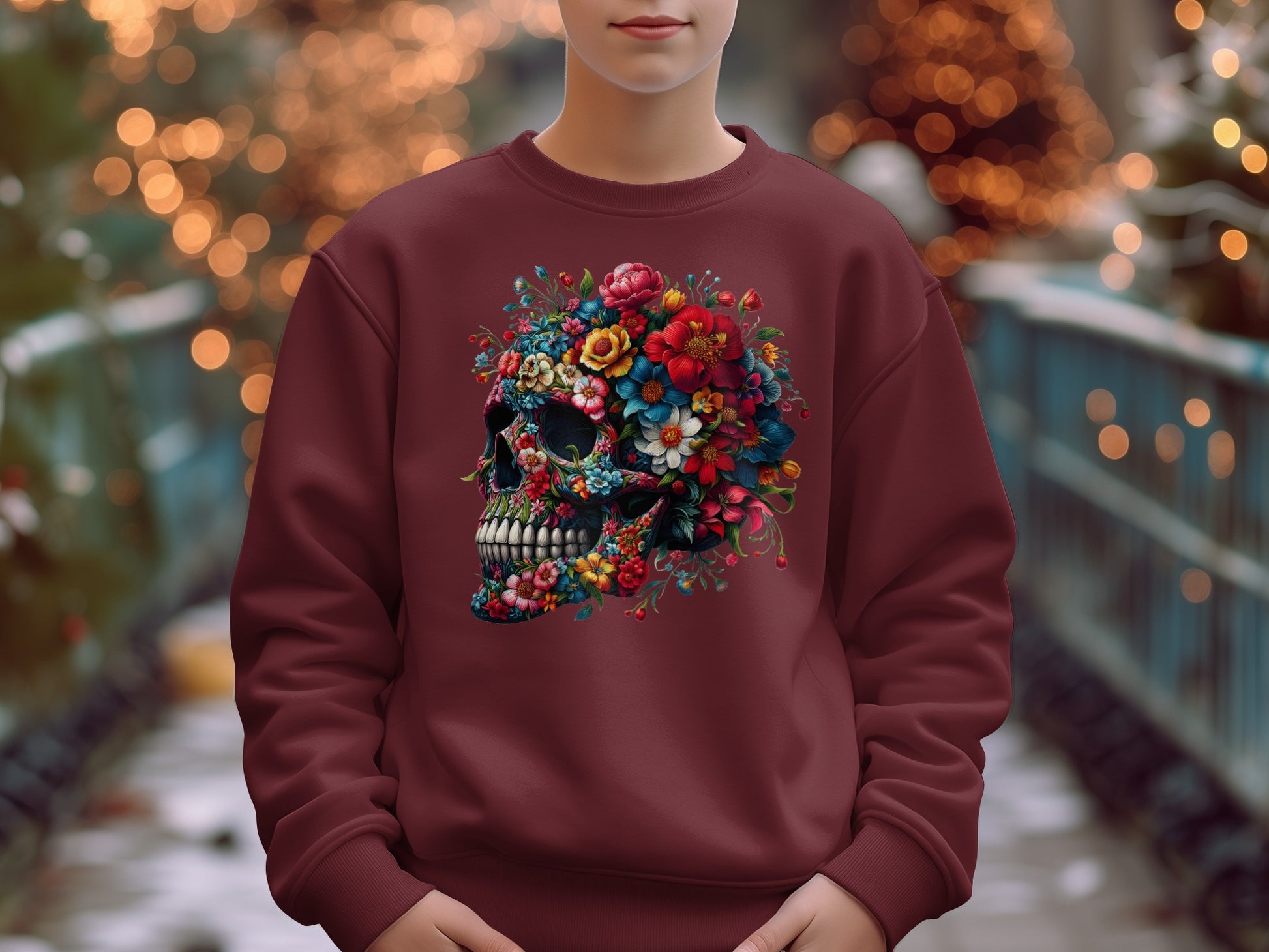 Floral Skull Graphic Design on a Maroon Sweatshirt product