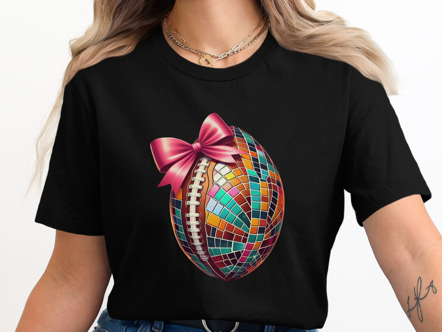 Colorful Patterned Football with Bow Black T-Shirt product type