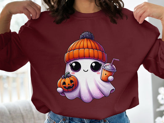 Cute Ghost with Pumpkin and Drink Design product type