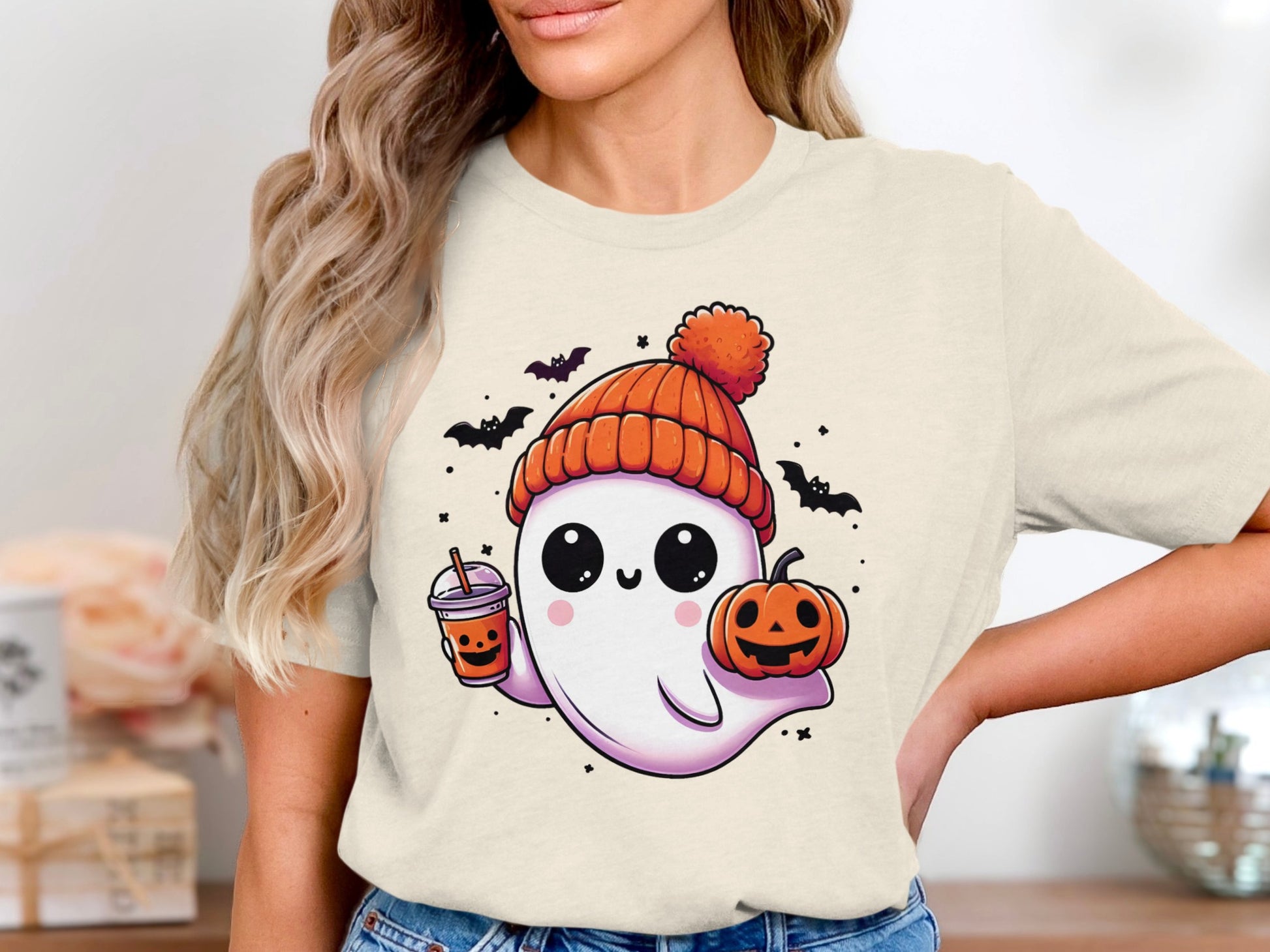 Cute Ghost Halloween T-Shirt with Pumpkin and Drink product type