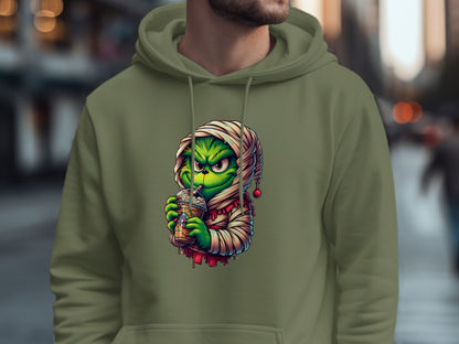 Grumpy Green Character in Festive Outfit Hoodie product